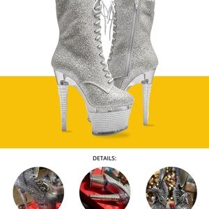 Pleaser Flamingo-1020G Silver Glitter Boots • 8" Heel • Platform Ankle Boot